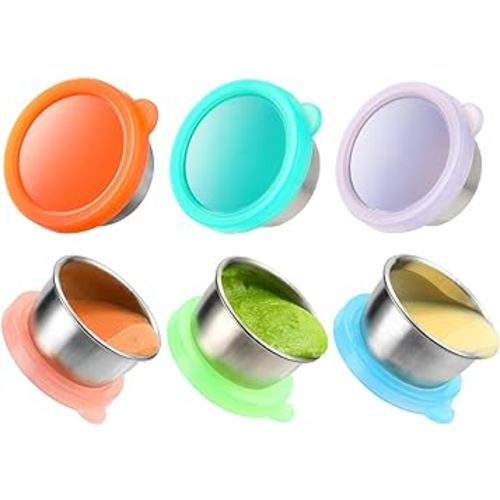 6x1.6 oz Salad Dressing Container To Go, Fits in Bento Box for Lunch, 18/8 Stainless Steel Condiment Containers with Lids, Easy Open, Leakproof, Rainbow Color Reusable Small Dipping Sauce Cups Set