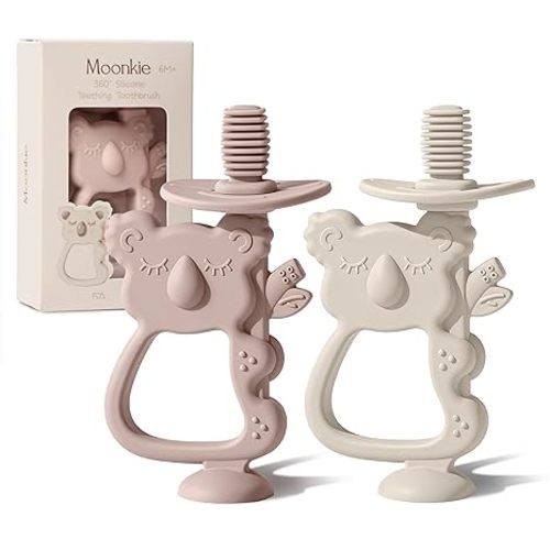 Moonkie Teething Toy Set of 2, Safe & Easy to Hold BPA Free Silicone Teethers, 360° Baby Toothbrush with Suction Base, Teether Toys Best for Babies 6-12 Months (Koala Blush/Shifting Sand)