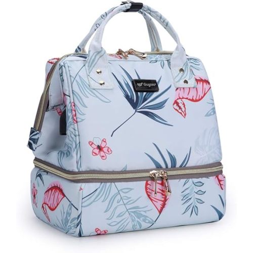 GOGOSO Breast Pump Bag with Cooler Pocket, Mini Pumping Bags for Working Mom Cooler Tote Bag Built-in USB Charging Pot for Phone Mother Diaper Bags -No Include ice Pack,White Leaf
