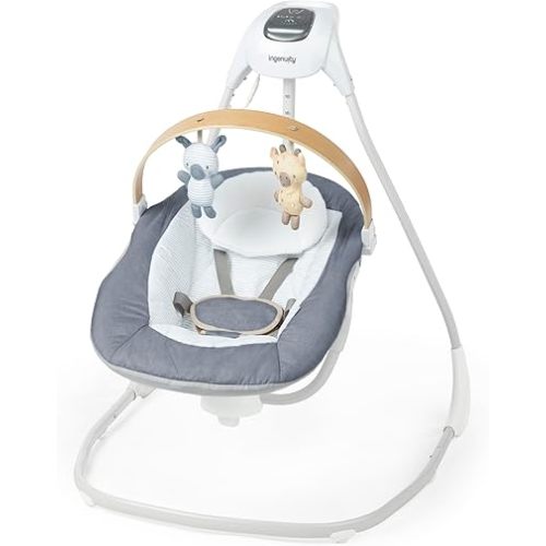 Ingenuity SimpleComfort Compact Soothing Swing, Rotating Bar, Rotating Seat, 6 Speeds, for Ages 0-9 Months, Up to 20 Pounds - Chambray