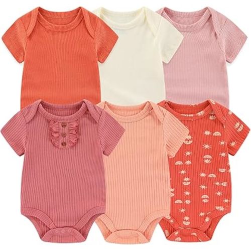 Ruliby Baby Bodysuit 6 Pack Soft Mixed Ribbed Short Sleeve Romper Infant Boy Girl Clothes Set