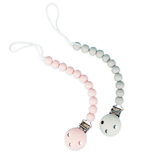 Kids Heroes Silicone Pacifier Holder Clip with One Piece Design for Baby, 2 Pack (Pink and Grey)