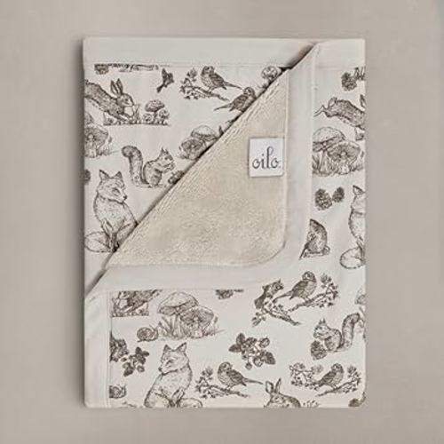 Oilo Baby Blanket, Luxury Plush Chenille Backing & Organic Cotton Jersey Print, Double Layered, 30" x 40", Rolled Jersey Edge Trim, Infant & Toddler Size, Heirloom Organic Collection, Woodland Animals