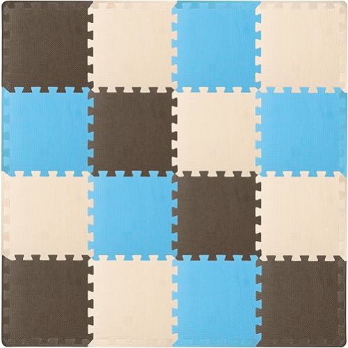 ProSource Foam Puzzle Floor Play Mat for Kids and Babies with Solid Colors, 36 or 16 Interlocking Tiles with Borders, Blue/Brown/Beige