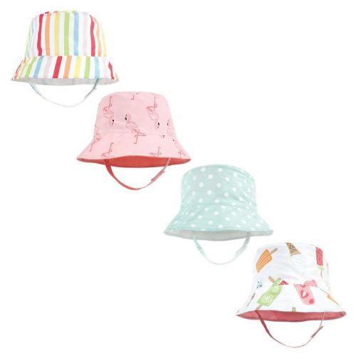Hudson Baby Infant Girl 4pc Sun Protection Hat, Flamingo Rainbow Stripes Ice Cream Dot, 0-12 Months