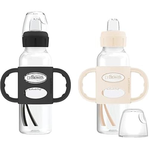 Dr. Brown's Milestones Narrow Sippy Spout Bottle with 100% Silicone Handles, Easy-Grip Handles with Soft Sippy Spout, 8oz/250mL, Black & Ecru, 2 Count (Pack of 1), 6m+