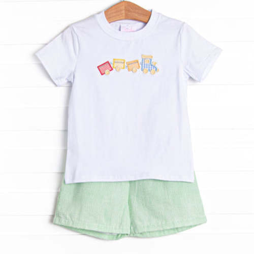 Little Steam Engine Applique Short Set, Green – Stitchy Fish