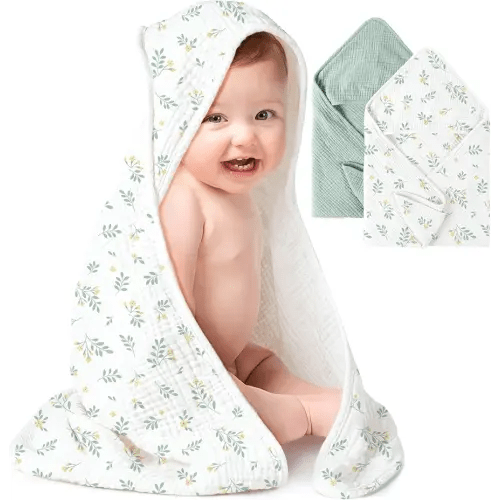 Konssy 2-Pack Muslin Hooded Baby Towels, 100% Cotton, Ultra-Soft & Absorbent Baby Bath Towels with Hood for Newborn & Infant (Green, Leafy,30" x 30")