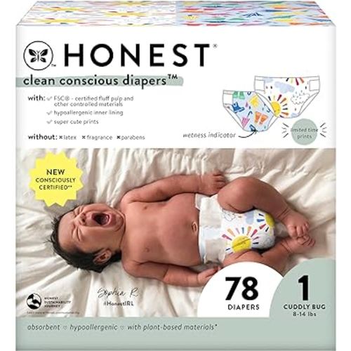 The Honest Company Clean Conscious Diapers | Plant-Based, Sustainable | Limited Edition Prints | Club Box, Size 1 (8-14 lbs), 78 Count
