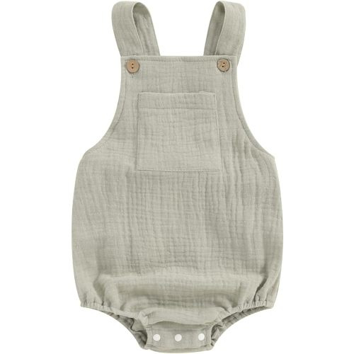 Sasaerucure Baby Cotton Linen Overalls Solid Color Sleeveless Square Neck Backless Romper for Boys Girls
