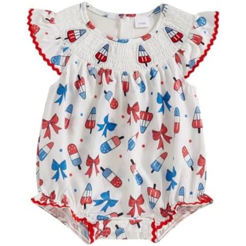 SAYOO 4th of july Baby Girl Romper American Flag Red White Blue Colour Bow Ice Cream Embroidery Smocked Bubble Bodysuit