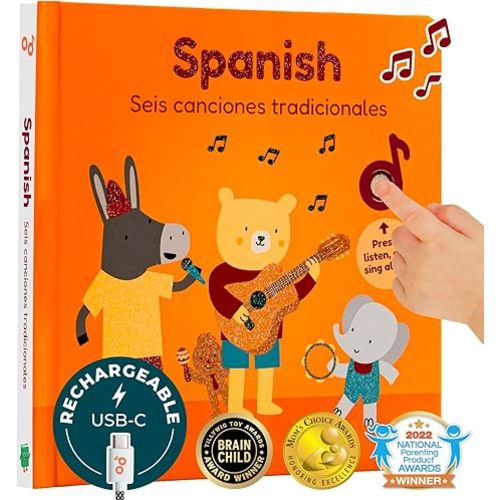Cali's Books Spanish USB C Rechargeable Musical Book | Spanish Baby Books with 6 Songs | Libros en español para Niños y Bebes | Learn Spanish for Kids | Bilingual Musical Books for Toddlers 1-3