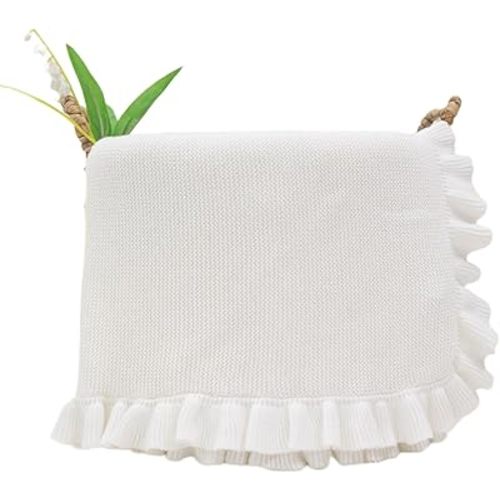 Cotton Baby Blanket with Ruffle Edge Soft Breathable Newborn Blanket for Boys & Girls, Lightweight Knit Throw for Crib, Stroller & Nursery Multiple Colors Available White 28x36