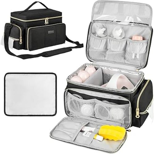 Breast Pump Bag Compatible with Spectra S1 and S2 with Insulated Compartment,Breast Pump Storage Bag with Waterproof Mat for Pumping Essentials,Black,Bag Only