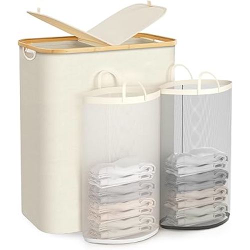 140L Laundry Hamper with Lid, Double Section Laundry Baskets with Bamboo Handle and Removable Laundry Bags, Foldable Clothes Divided Organizer Hamper for Bedroom/Bathroom/Laundry Room, Beige