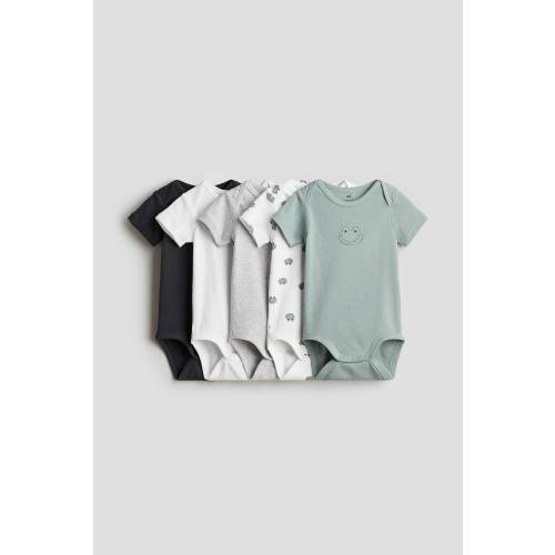 5-pack Cotton Bodysuits, Round Neck, Short sleeve, Dusty green/frogs