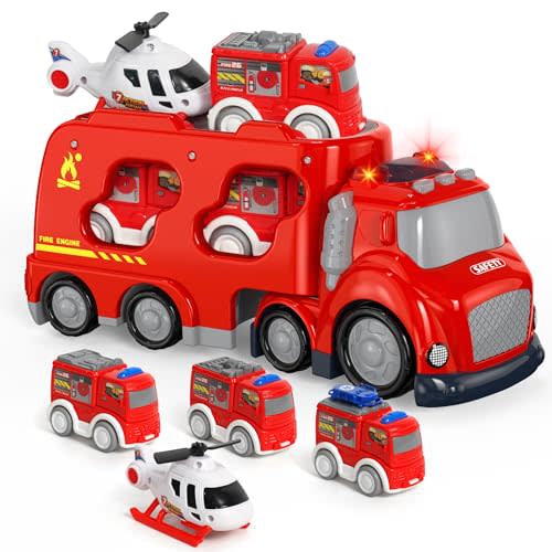 Fire Truck Car Toys Set for 3 4 5 6 Years Old Toddlers Boys & Girls Gift, 4 Small Friction Powered Cars Helicopter, Fire Engines, Sound and Light Big Truck 10 * 3.5 * 4.7 INCH