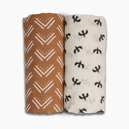 Lulujo Muslin Swaddles (2 Pack) - Mudcloth/Black Birds, 2
