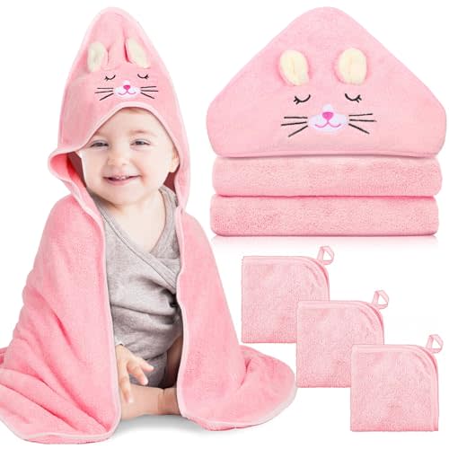 4 PCS Hooded Baby Towels, Absorbent Baby Bath Towel, Soft Baby Towels and 3 PCS Baby Washcloths for Newborns, Toddlers, and Kids, 32x32 in Baby Towel with Hood for Boy and Girl (Pink Kittens)