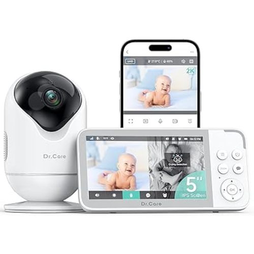VistaView Smart WiFi Baby Monitor - 5” 1080P Split Screen & 2K Camera App Control, Cry & Motion Alerts, HD Night Vision, 5000mAh Battery, 2-Way Talk, Multi-User, Triple Security, 1279ft Range