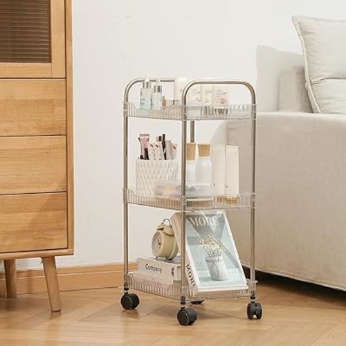 3 Tier Rolling Storage Cart, Acrylic Bathroom Cart Organizer Kitchen Organizer Utility Cart Mobile Shelving Unit Multi-Functional Shelves for Office, Kitchen, Living Room -Clear