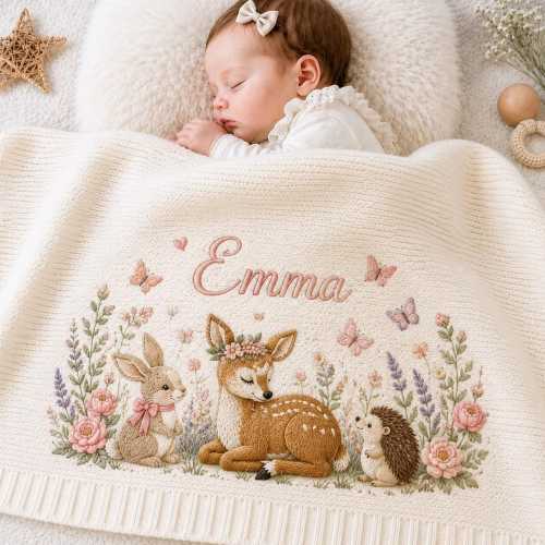 Personalized Baby Knit Blanket, Custom Name Woodland Nursery Throw, Embroidered Deer & Bunny Newborn Gift, Baby Shower Keepsake Decor