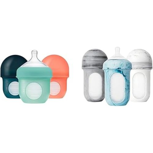 Boon Nursh Reusable Silicone Baby Bottles with Collapsible Pouch - Stage 1 Slow & Stage 2 Medium Flow - Mint & Tie Dye - 3 Count Each