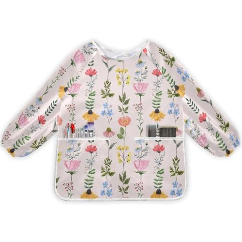 Wildflowers Kids Art Smock Waterproof Artist Painting Aprons Long Sleeve with Pockets for Girls Boys Cooking Baking