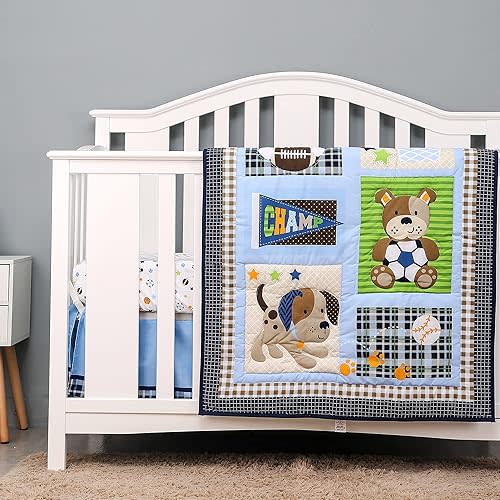 Brandream Sport Baby Crib Bedding Sets for Boys | Champ Star Dogs in Baseball Basketball Football and So On| 3-Piece Patchwork Nursery Set Blue - Baby Quilt, Fitted Crib Sheet, Crib Skirt Included