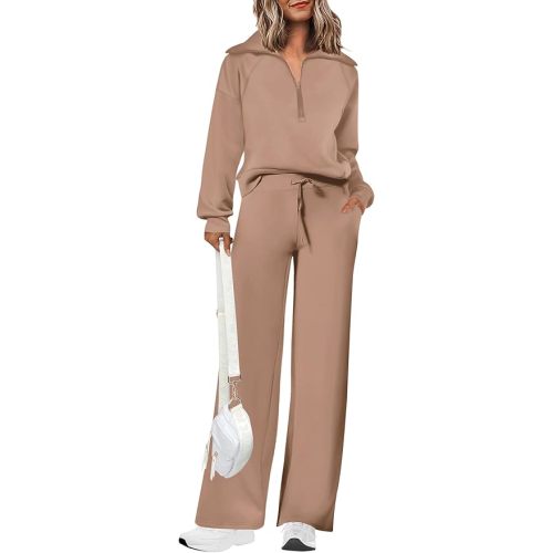 PRETTYGARDEN Women's 2 Piece Outfits Casual Lapel Half Zip Sweatshirts And Wide Leg Pants Tracksuit Sets