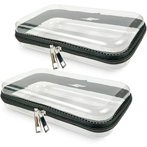 2 Pack Small Clear Hard Shell Zipper Case, Waterproof Zippered Hard Pouch, Transparent Zip Case, Hard Sided Organizer for Travel Essentials - Black