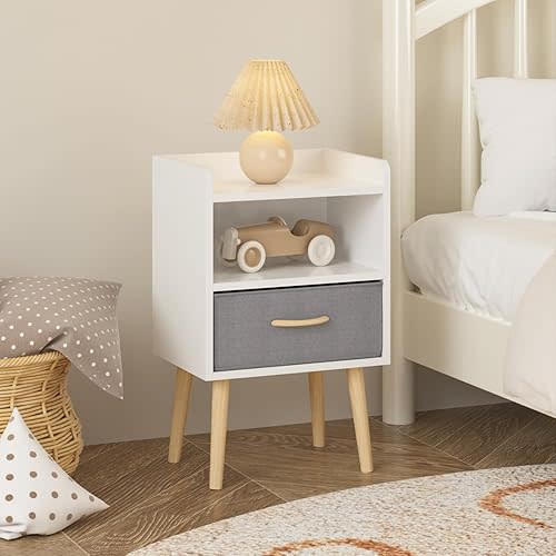 Nightstand for Kids/Adults, 2-Tier Wood Bedside Table with Drawer & Open Shelf, Small Modern End Table for Bedroom, Living Room & Studio Apartments (White D, 1PCS)