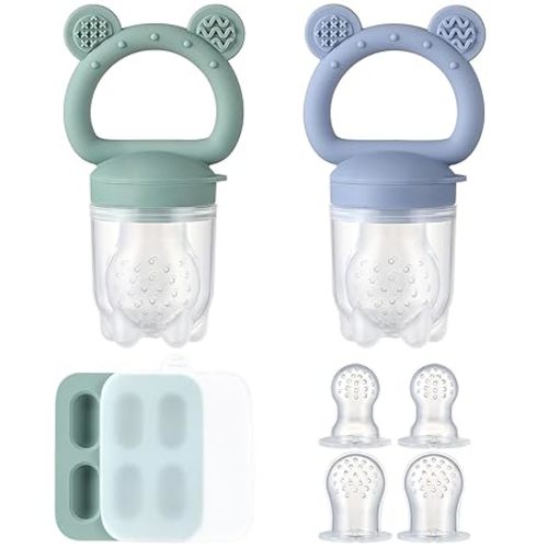 2 Pack Silicone Baby Fruit Feeder with Mini Freezer Tray, Baby Teethers, Breastmilk Popsicle Molds for Baby Teething Relief, Fresh Food Feeder for Safe Infant Self Feeding, Extra Food Pouches - Blue/Green