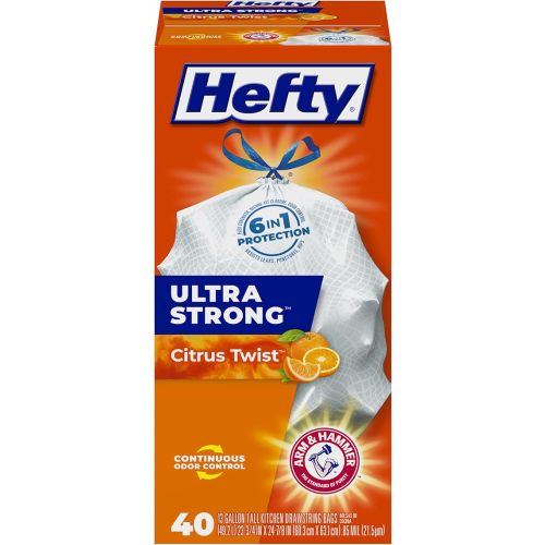 Hefty Ultra Strong 13 Gallon Trash Bags, Tall Kitchen Trash Bags 13 Gallon Size, Drawstring Closure, Continuous Odor Control, White, Citrus Twist Scent, 40 Bags