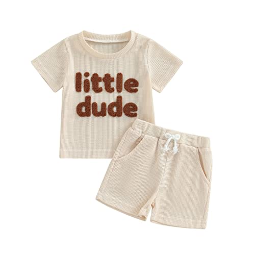 NZNDSHD Summer Baby Boy Clothes Short Sleeve Little Dude Mamas Boy Embroidered T-Shirt Tops Shorts Set Waffle Knit Outfit
