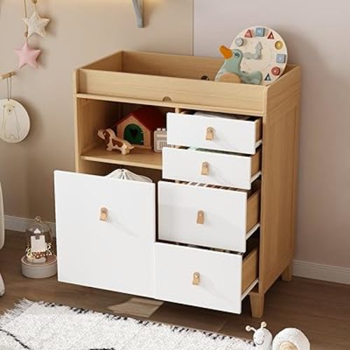Baby Dresser with Changing Table Top, 5 Drawers Nursery Dresser with Removable Guard, Infant Diaper Changing Station Baby Cloth Organizer for Nursery and Kids Bedroom, Wood Color - 33.5" W