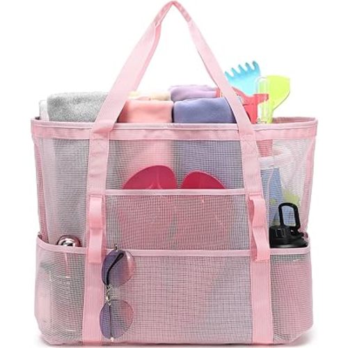 Mesh Beach Bag, Extra Large Beach Tote with Zipper Pocket Pool Bag for Cruise/Swim/Vacation Essentials
