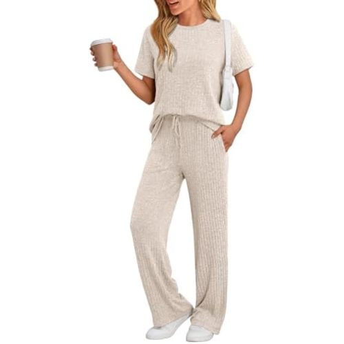LILLUSORY 2 Piece Lounge Sets for Women Summer Vacation Outfits Matching Casual Wide Leg Pants Sets Ribbed Knit Pajamas 2025