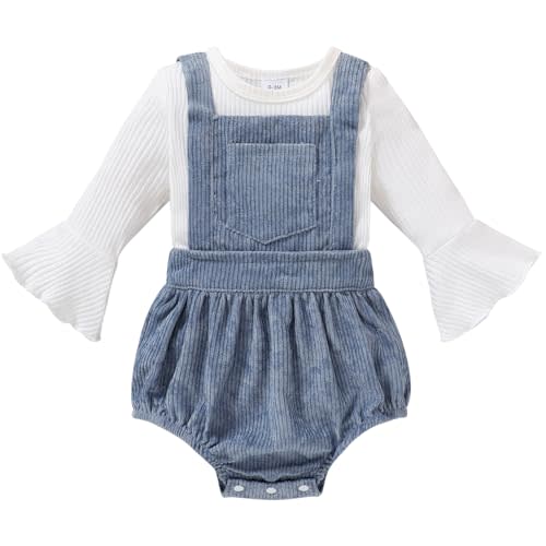 Tiny Cutey Newborn Baby Girl Clothes Bell Sleeve Romper and Corduroy Overalls Shorts Infant Girl Fall Outfits