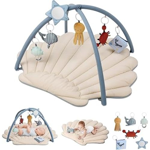 Blissful Diary Shell Baby Play Gym Mat, Softer & Enlarged Tummy Time Mat w 6 Detachable Toys for Sensory & Motor Skill Development, Activity Mat for Newborn Essentials Shower Gift, Boho Ocean Theme