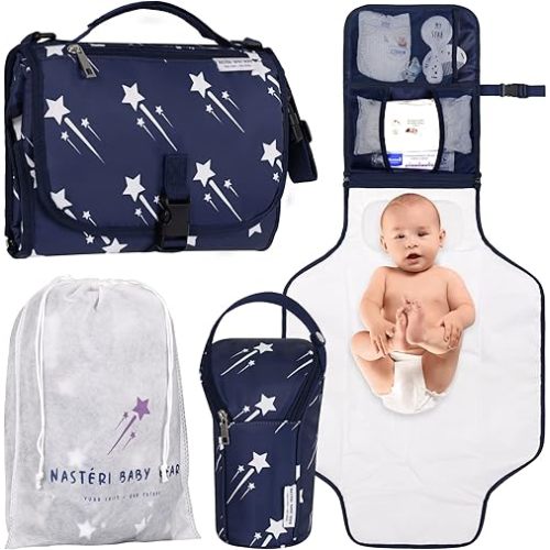 Nastéri Baby Gear Extra Large Portable Baby Changing Pad with Memory Foam Pillow & Insulated Bottle Bag – Waterproof Portable Baby Changing Station for Girls & Boys - Navy