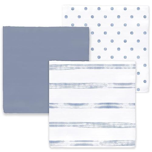 Amazing Baby Cotton Muslin Swaddle Blankets, Set of 3, Watercolor Brushstrokes, Denim, XLarge 46x46 inches