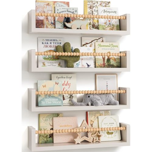 Nursery Floating Shelves for Wall Set of 4, Wooden Nursery Book Shelves, Baby Room Wall Shelves for Nursery Decor, Kids Bookshelf for Bedroom, Girl & Boy Nursery Decor (White Wood, 16.5 Inches)