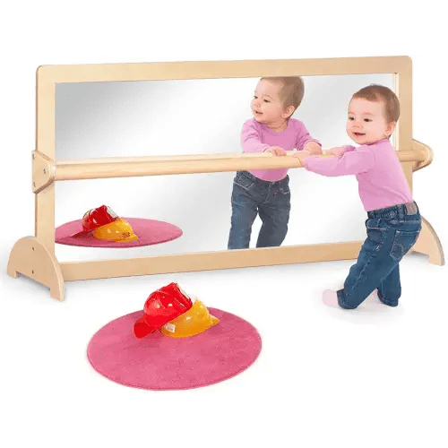 3-Position Montessori Wood Frame Non-Shatter Safety Pull Up Bar Baby Big Mirror Set, Infant Coordination Mirror, Kids Classroom Furniture for Daycare, Homeschool or Preschool