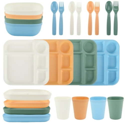 Your Zone 24-Piece Plastic Square Dinnerware Set for Kids with 4 Trays, Bowls, Plates, Cups, Forks, Spoons in Cream, Orange, Green, Blue