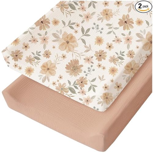 Konssy Muslin Changing Pad Cover for Baby Girls Boys, 100% Cotton Fitted Diaper Chang Table Covers, Soft Breathable Changing Pad Sheets, 2 Pack (Toffee,Flourish)