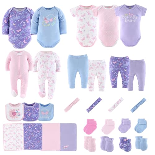 The Peanutshell Baby Layette Gift Set for Baby Girls - 30 Piece Baby Girl Clothes Newborn to 9 Months - Purple Butterfly