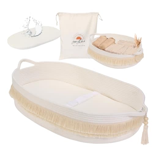 Baby Changing Basket with Pads and Safety Belt- 100% Cotton Boho Baby Moses Basket Changing Table and Thick Pad with Waterproof Mattress Cover, Nursery Decor in Brown and White Color with Storage Bag
