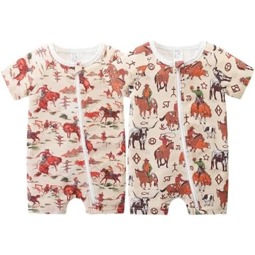 Unisex Summer Trendy 2-Pack Rompers Short Sleeve Zipped Bodysuit Infant Cotton Outfits