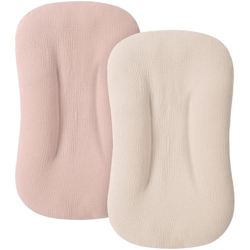 MairMore Muslin Baby Lounger Cover for Newborn & Infant, 100% Cotton Soft and Breathable Lounger Slipcover for Baby Girls and Boys, Pack of 2 (Pink, Ivory)